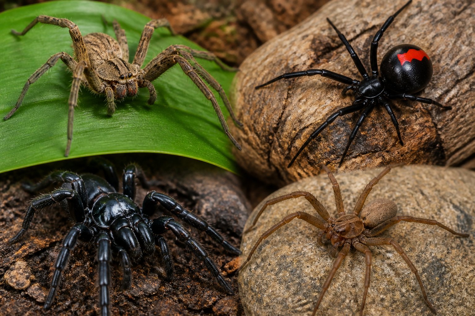 Close-up view of several dangerous spiders on natural surfaces like leaves and bark.