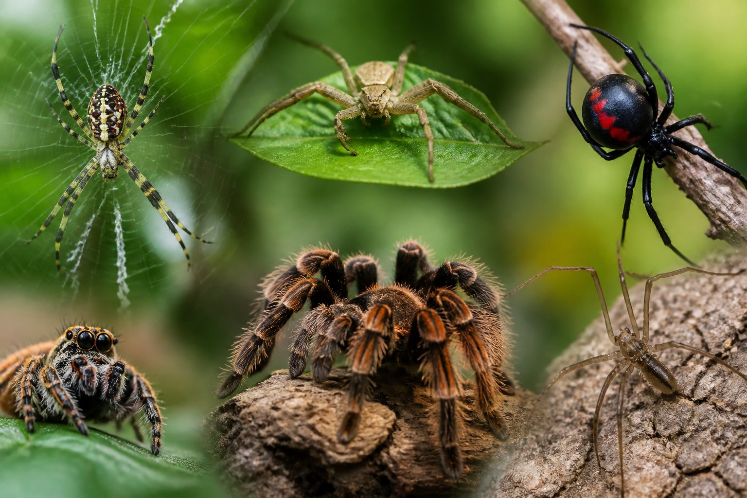 Close-up of various spiders on leaves and branches in a natural outdoor setting.