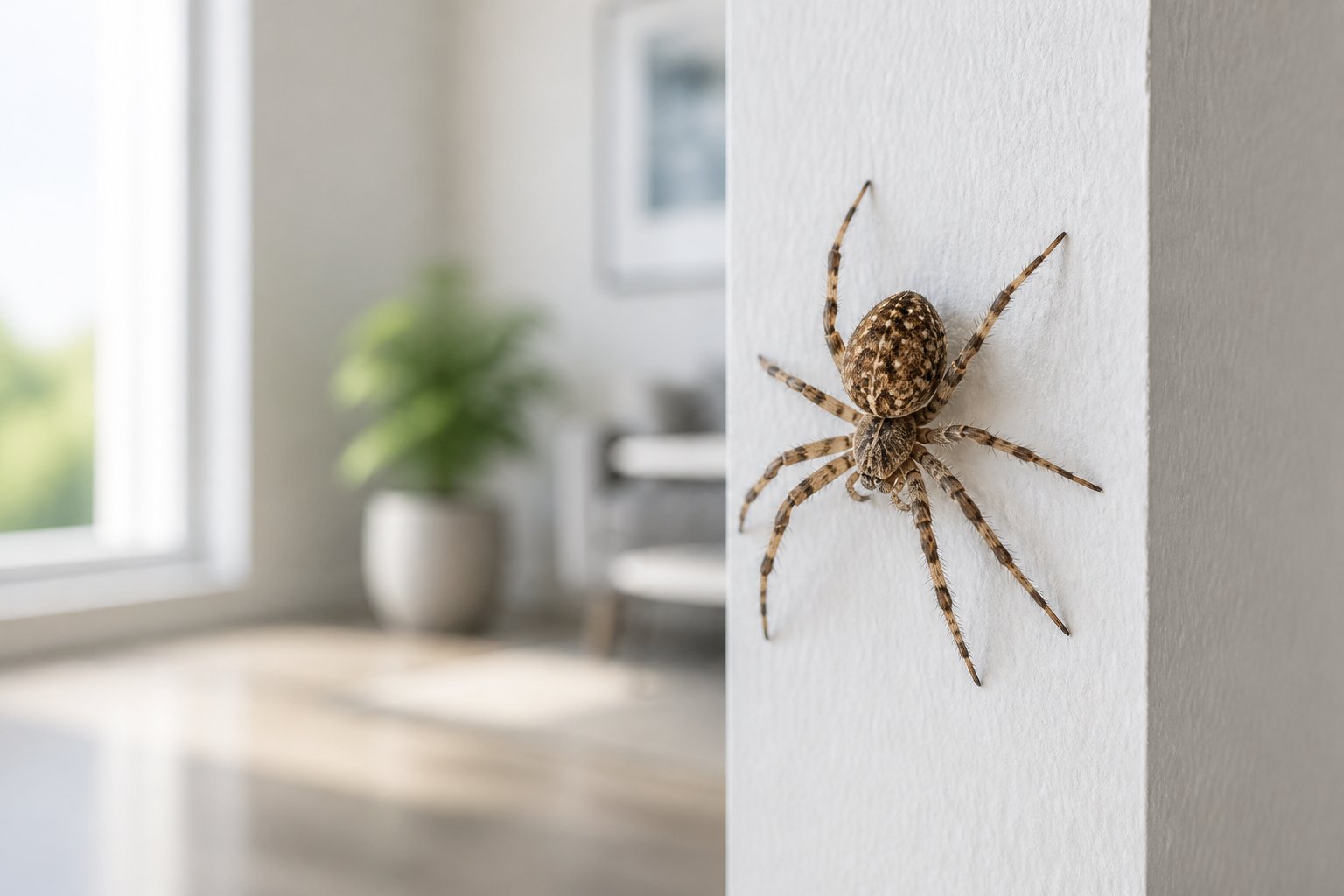 Close-up of a spider on the corner of a white indoor wall with a blurred background of a modern room.