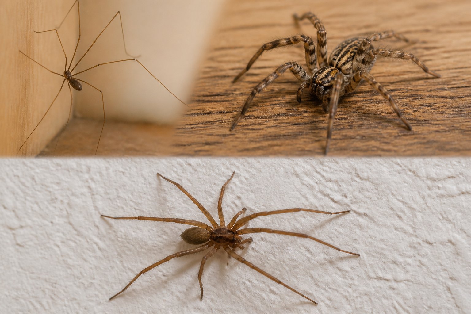 Close-up view of several common household spiders on natural surfaces indoors.