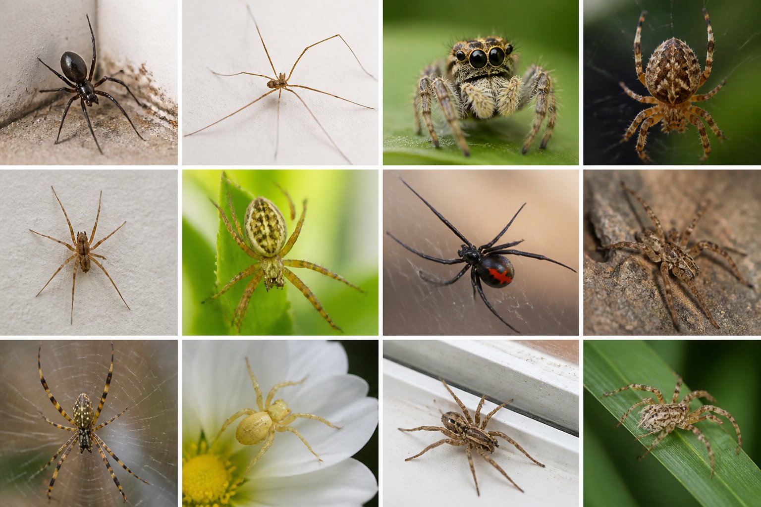 Close-up of different spiders in natural indoor and outdoor settings, showing their details and webs.