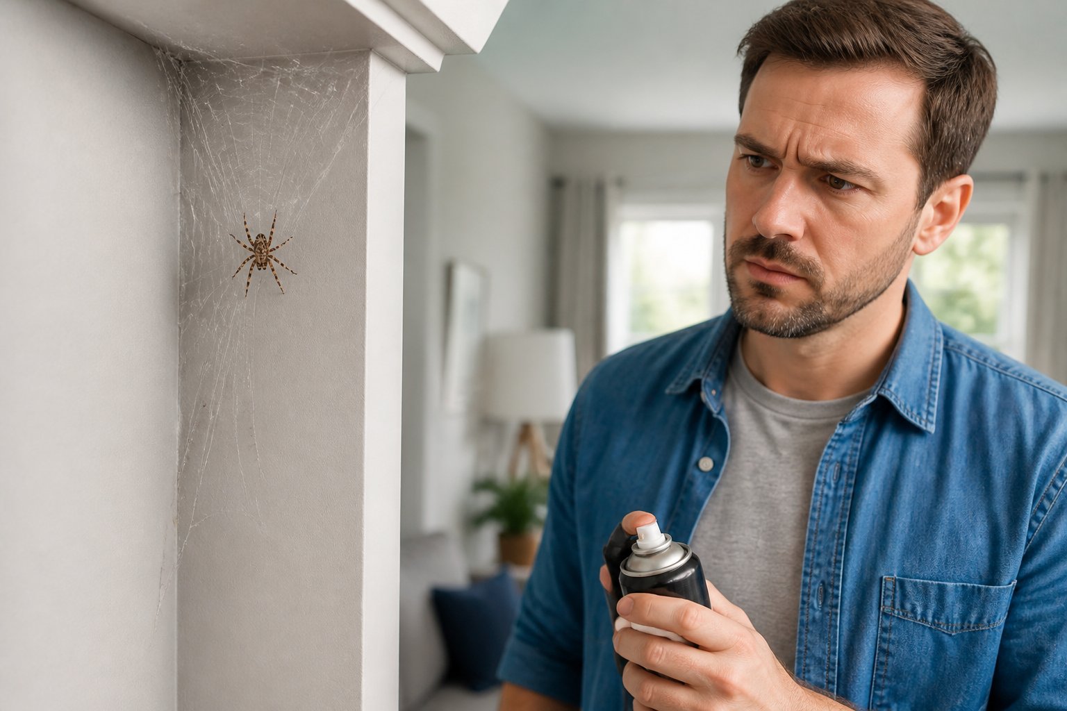 A person inspecting a spider and its web in the corner of a living room.