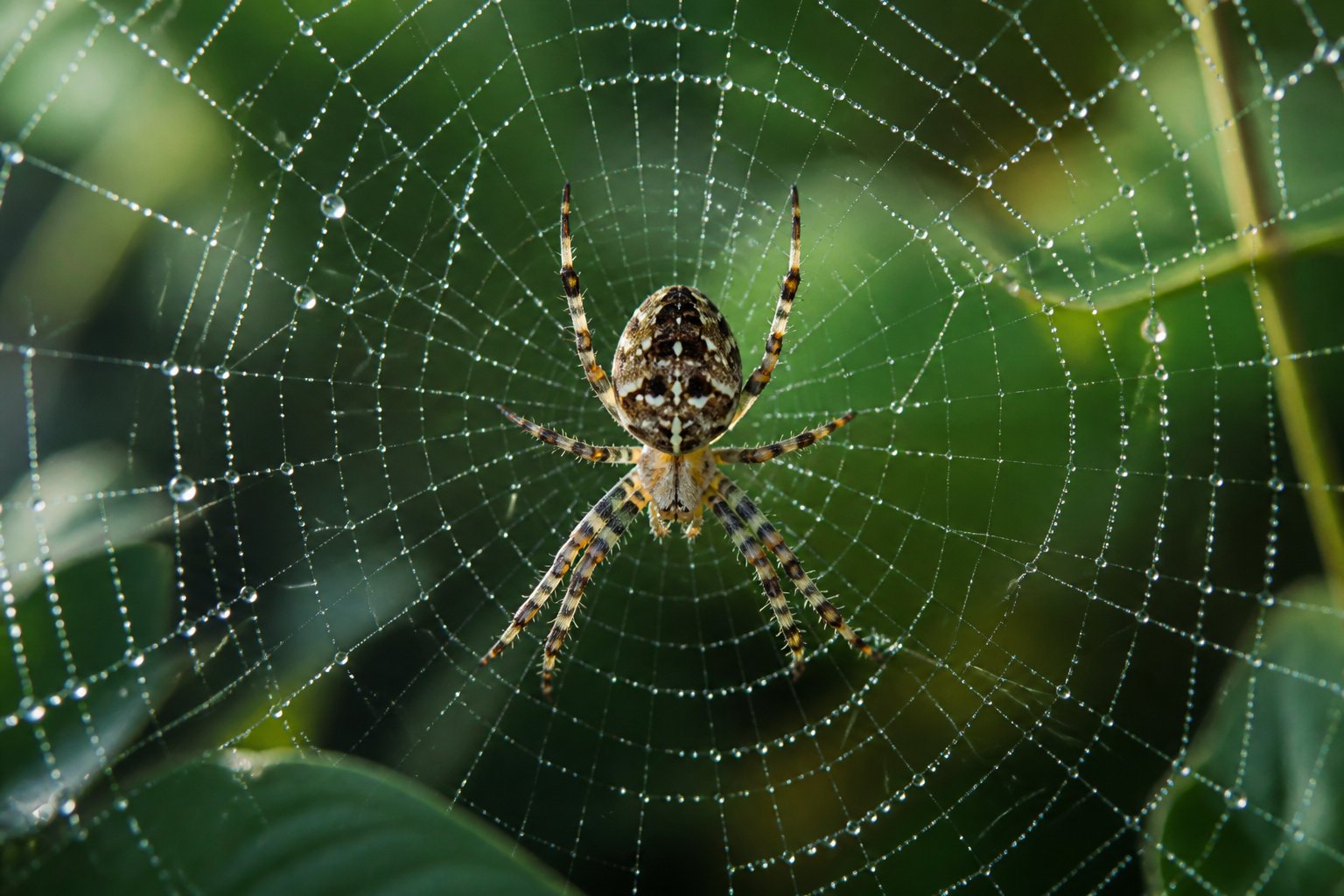 A close-up of a spider spinning a detailed web outdoors with green blurred background.