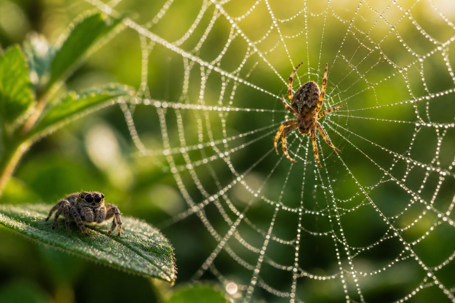 Close-up of an orb-weaver spider on its dew-covered web next to a jumping spider on a leaf in a natural green environment.