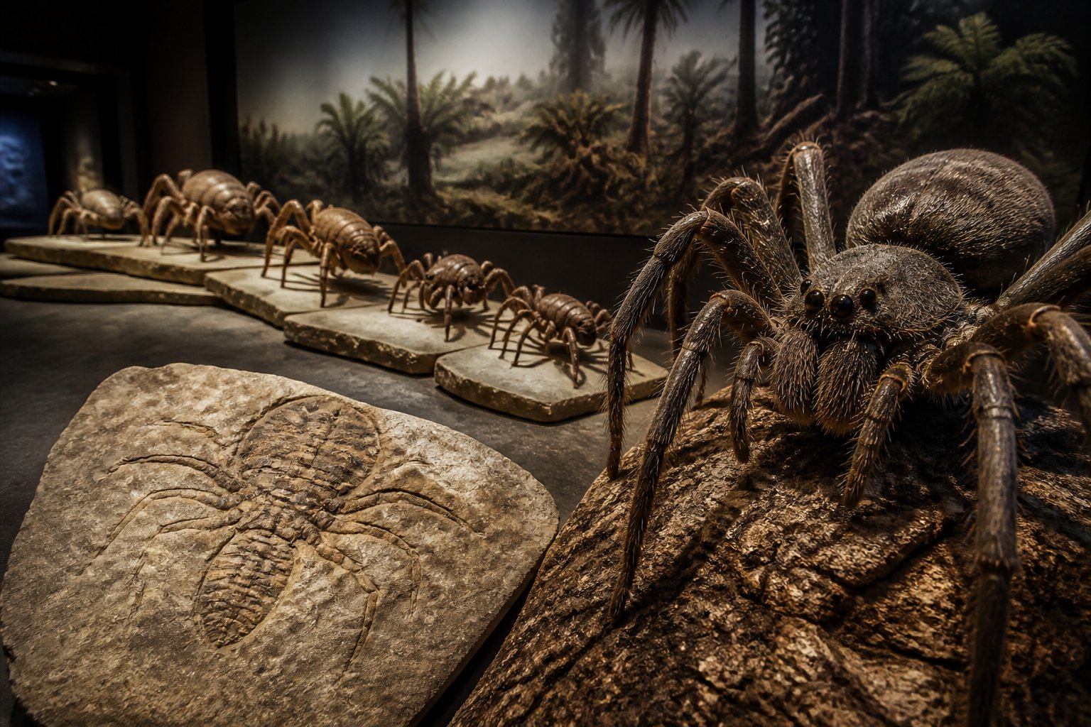 Models of ancient spider-like creatures and a modern spider displayed together with a fossil in a natural history setting.