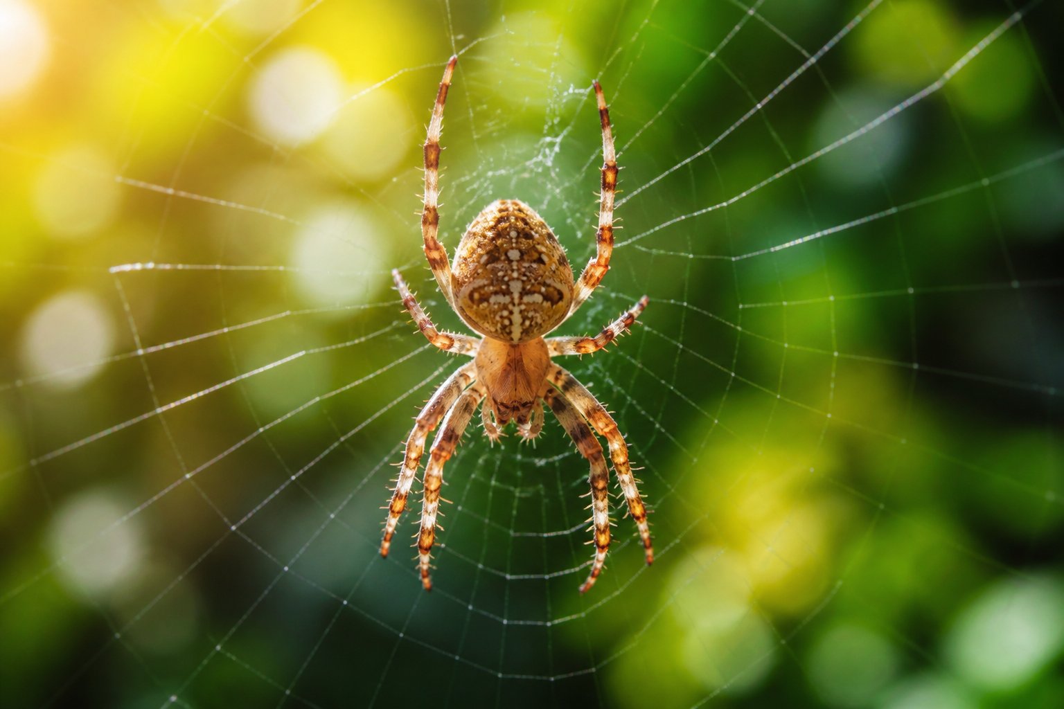 Close-up of a spider on its web with blurred green background.