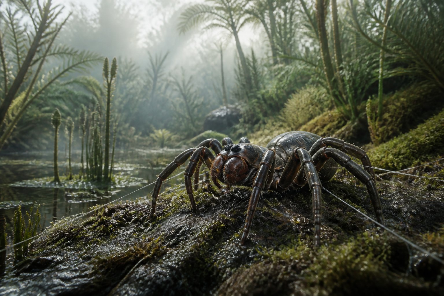 A detailed image of a spider on early land surrounded by plants and silk threads in a prehistoric forest setting.