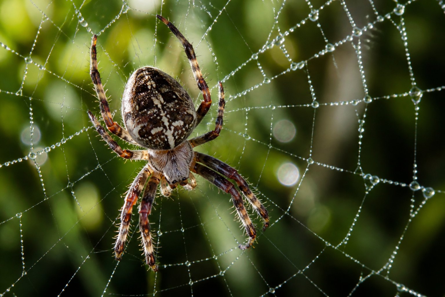 Close-up of a spider on its detailed web with dew drops in a natural green environment.