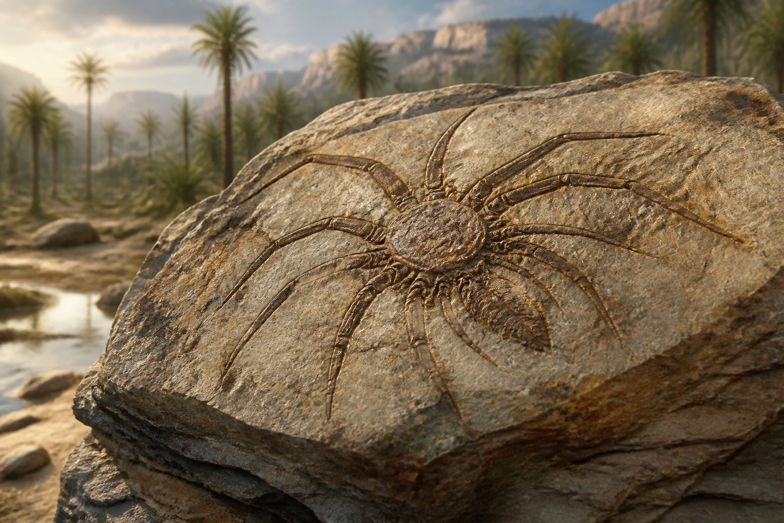 Close-up of an ancient arachnid fossil embedded in rock with a blurred prehistoric landscape in the background.