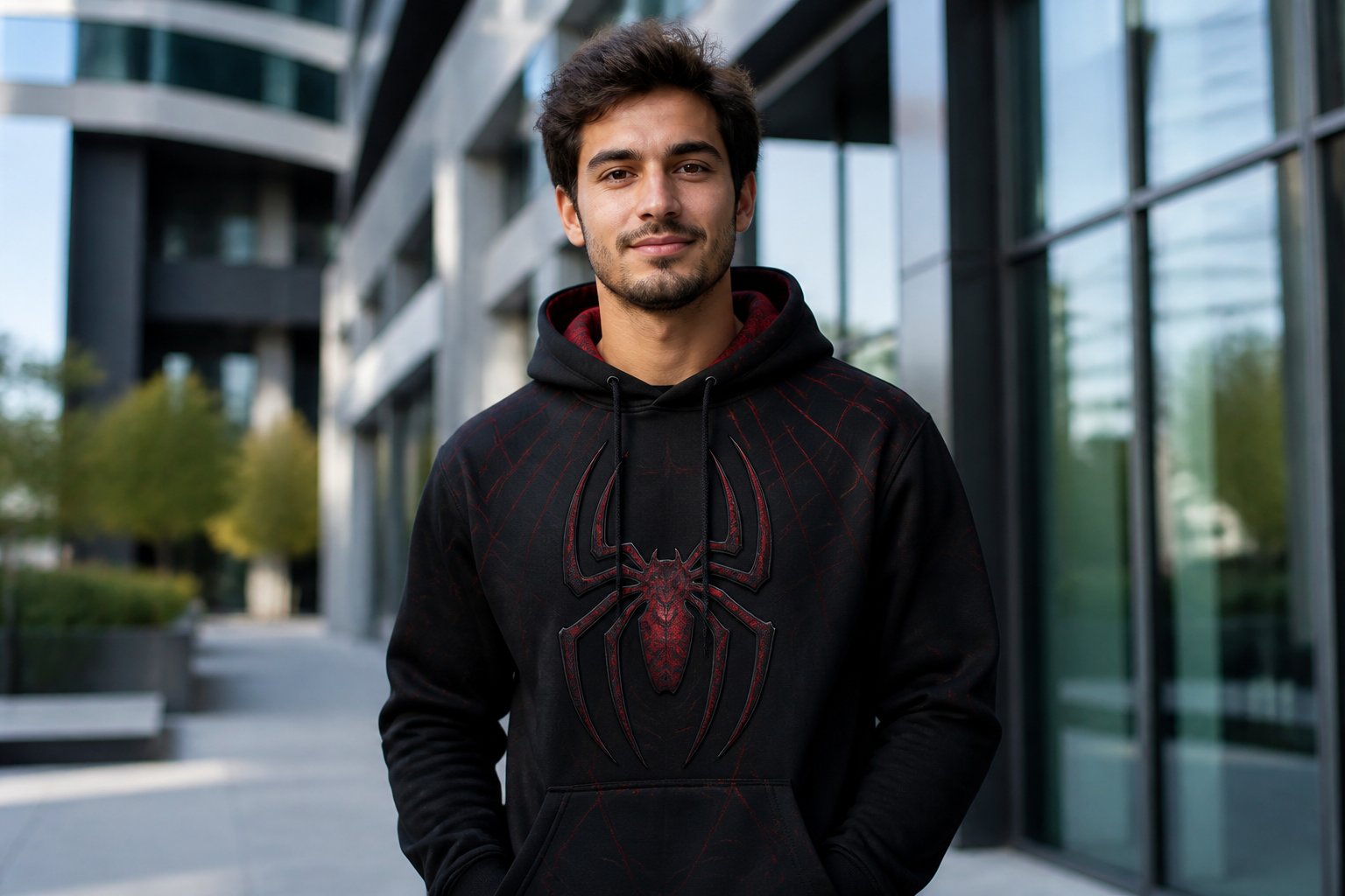 A young person wearing a spider-themed hoodie stands confidently in a city setting, looking at the camera and smiling subtly.