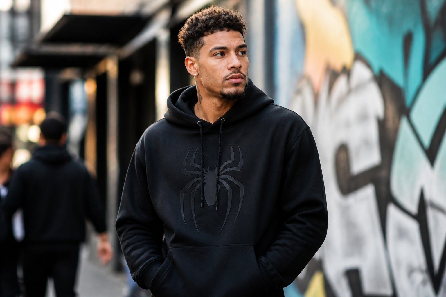 A young man wearing a black hoodie with a spider emblem stands confidently on a city street with graffiti and storefronts in the background.