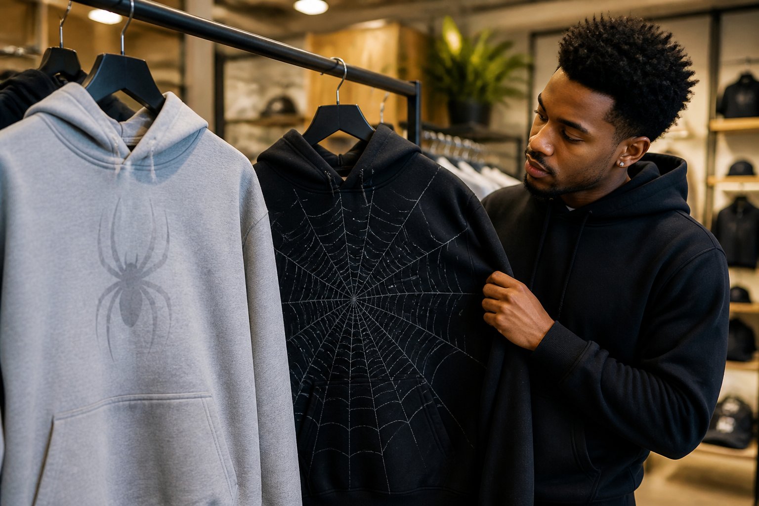 A young adult shopping in a boutique, examining two different spider-themed hoodies hanging on a rack.
