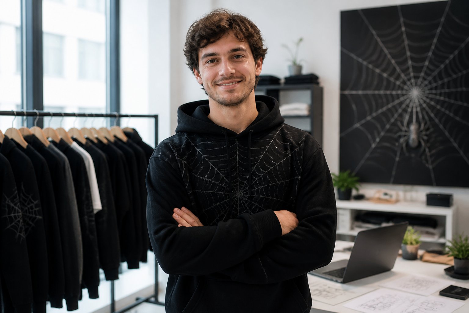 A young adult standing confidently in a modern office with clothing and a laptop nearby.