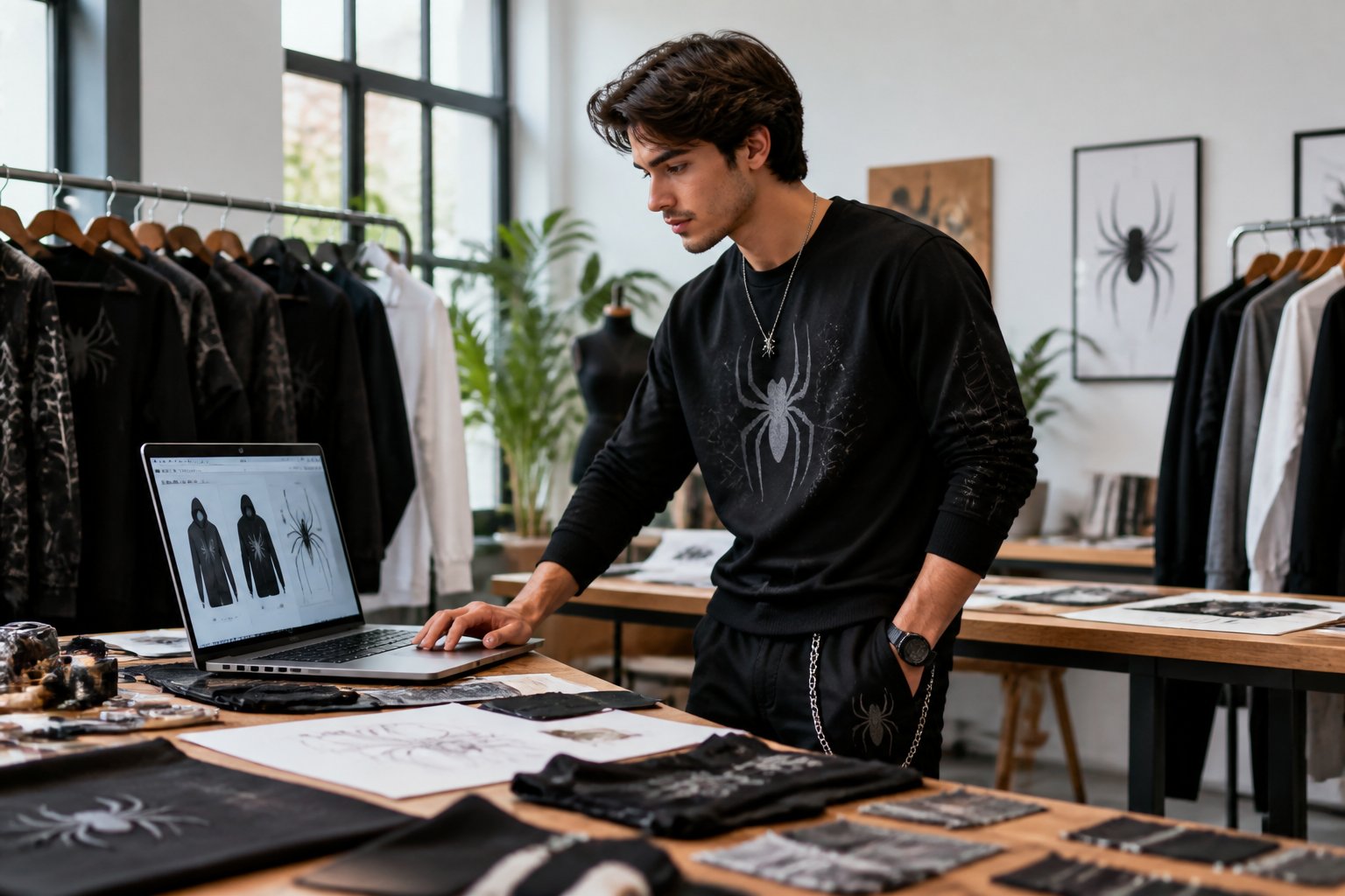A young entrepreneur stands in a modern clothing design studio surrounded by racks of apparel and design materials.