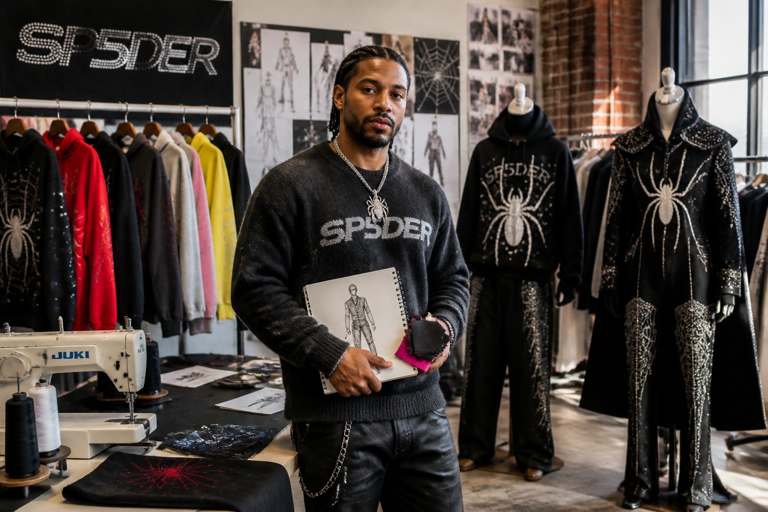 A clothing brand founder standing in a fashion studio surrounded by clothing racks with hoodies and runway outfits, holding fabric swatches and a sketchbook.