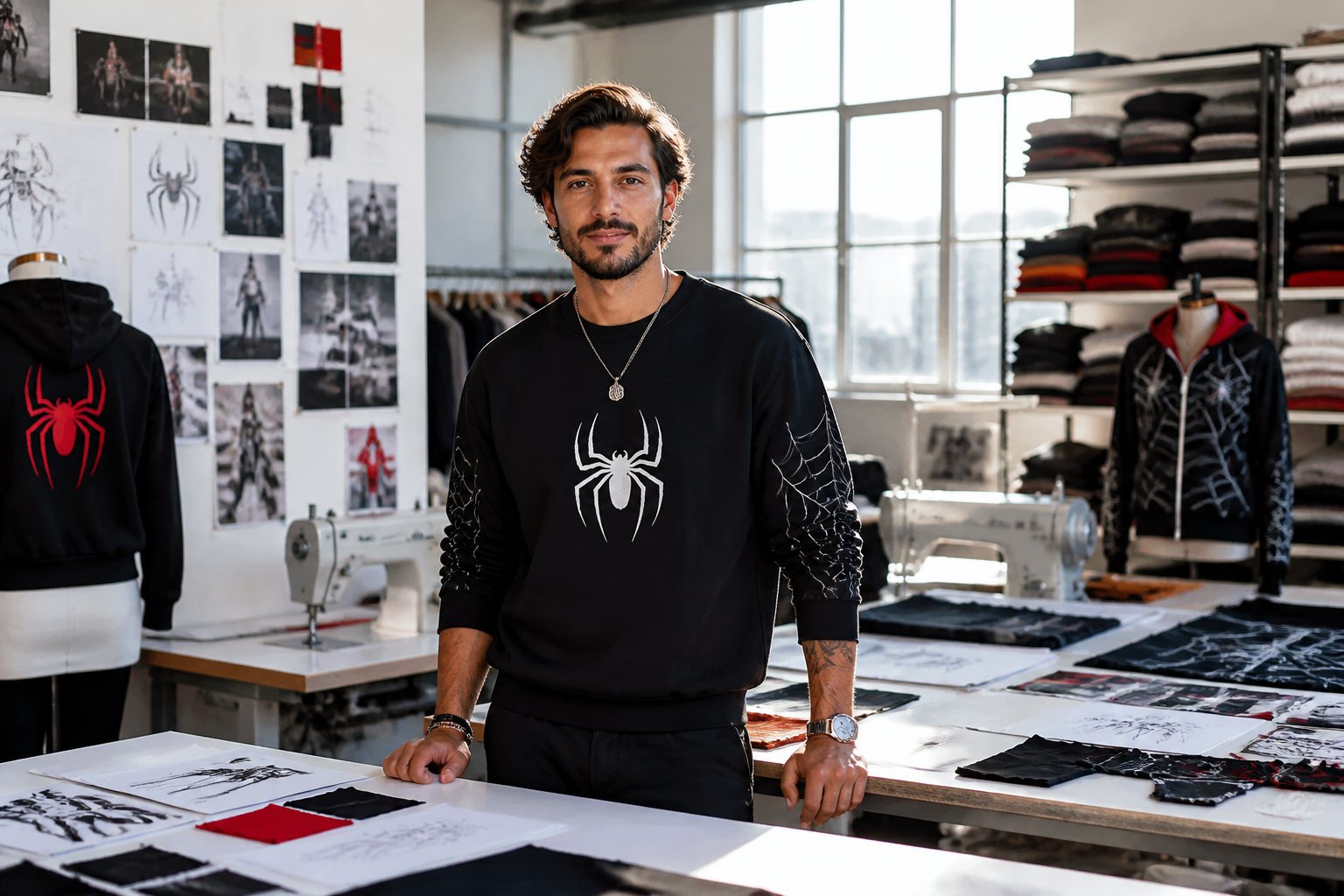 A fashion entrepreneur standing in a design studio surrounded by clothing sketches, fabric samples, and mannequins.