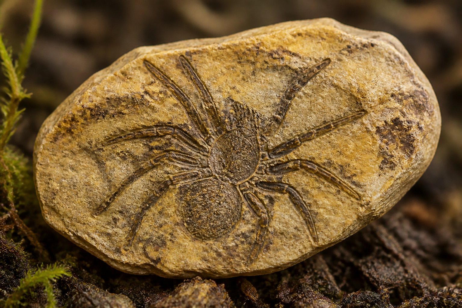 Close-up of an ancient spider fossil preserved in amber or rock, showing detailed spider features.