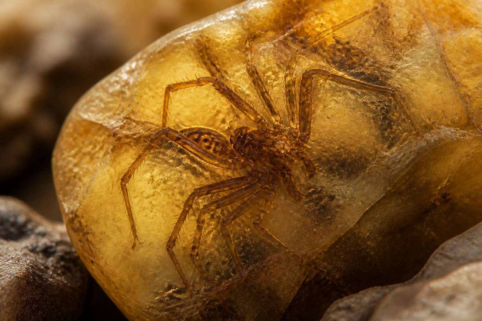 Close-up of a fossilized spider preserved in amber or rock, showing detailed body and legs.