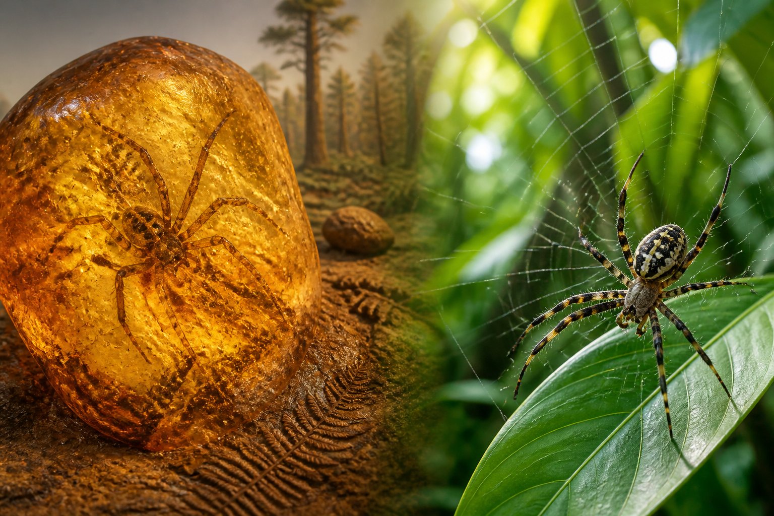 A close-up view of an ancient spider fossil in amber on one side and a modern spider spinning a web on a green leaf on the other side, with a background transitioning from prehistoric to modern forest.