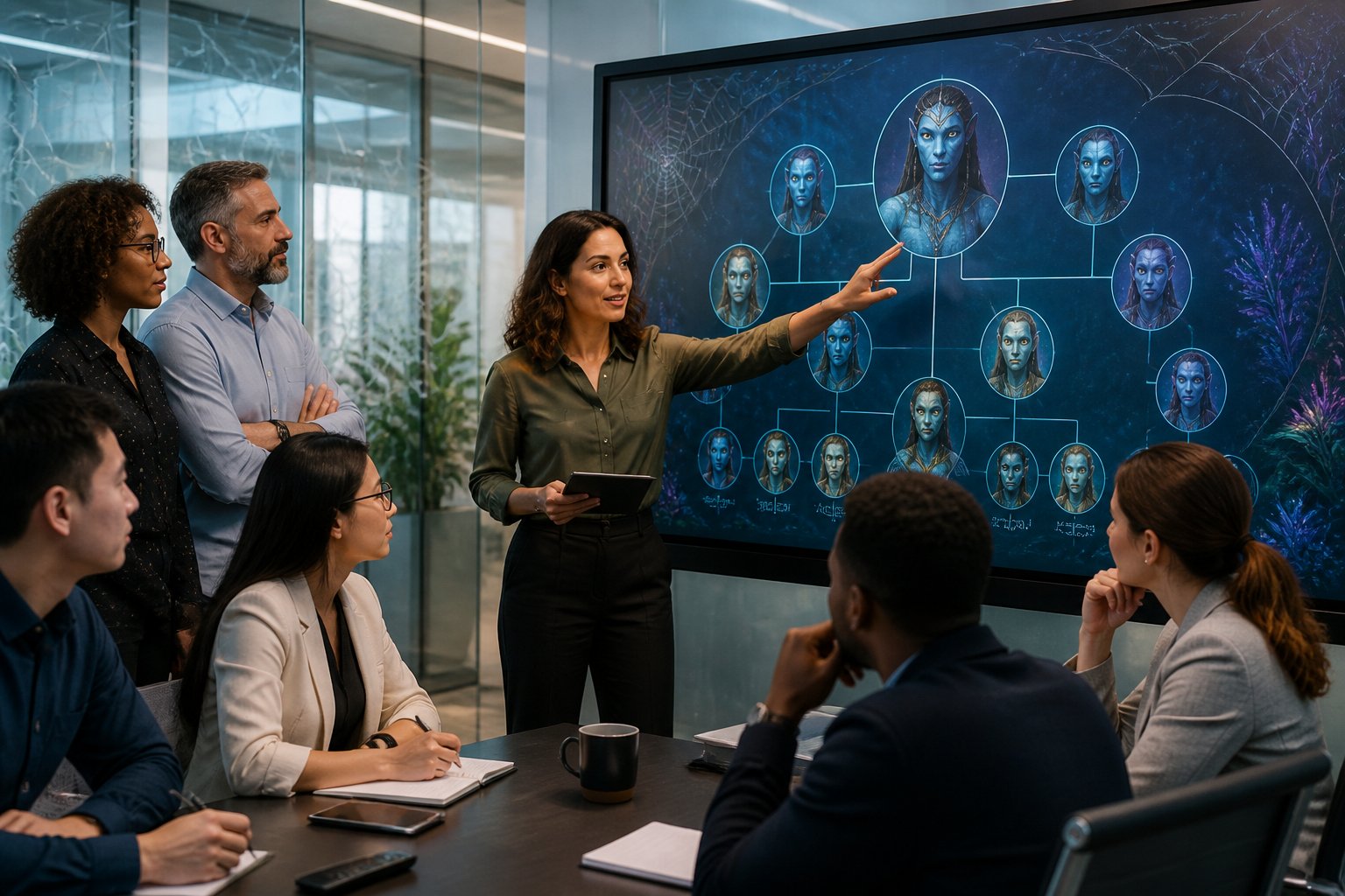 A woman explains a family tree diagram to a group of colleagues in a modern conference room.