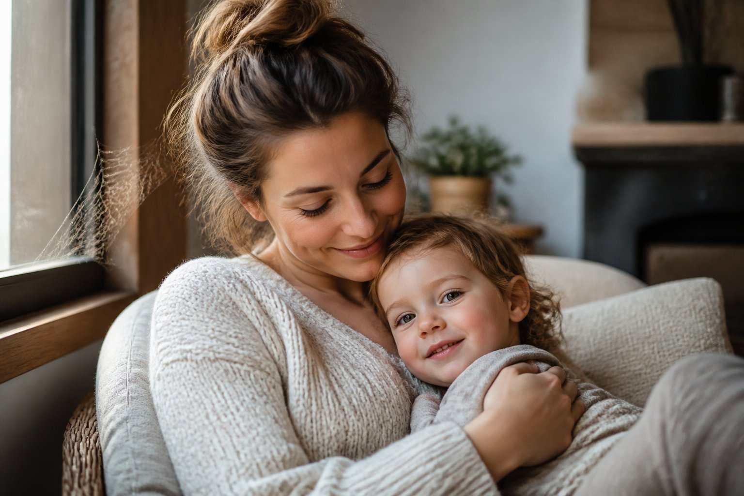 A mother tenderly holding her child in a cozy home with a faint spider web visible in the background.