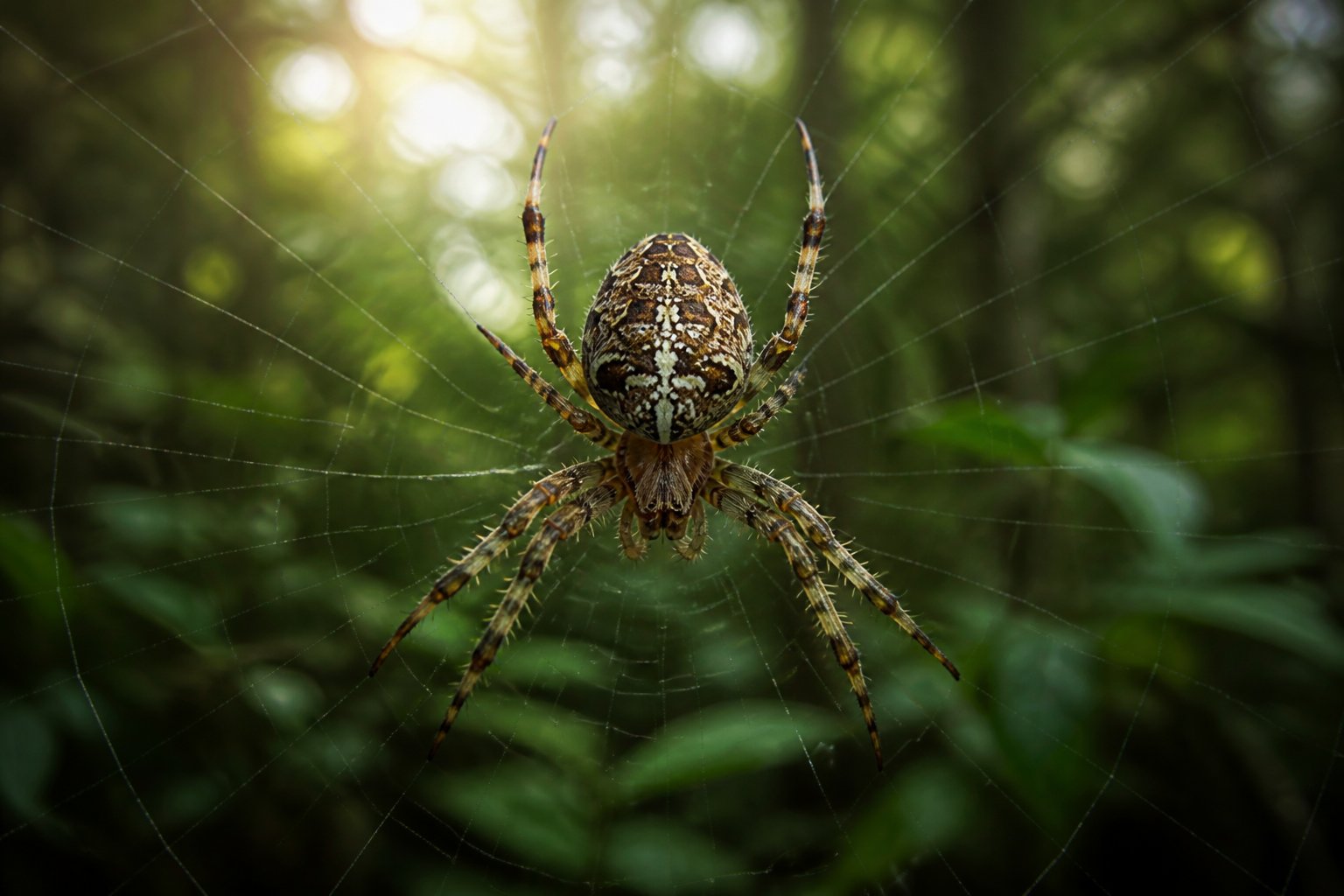 Close-up of a spider on a web in a forest with green foliage and soft sunlight in the background.