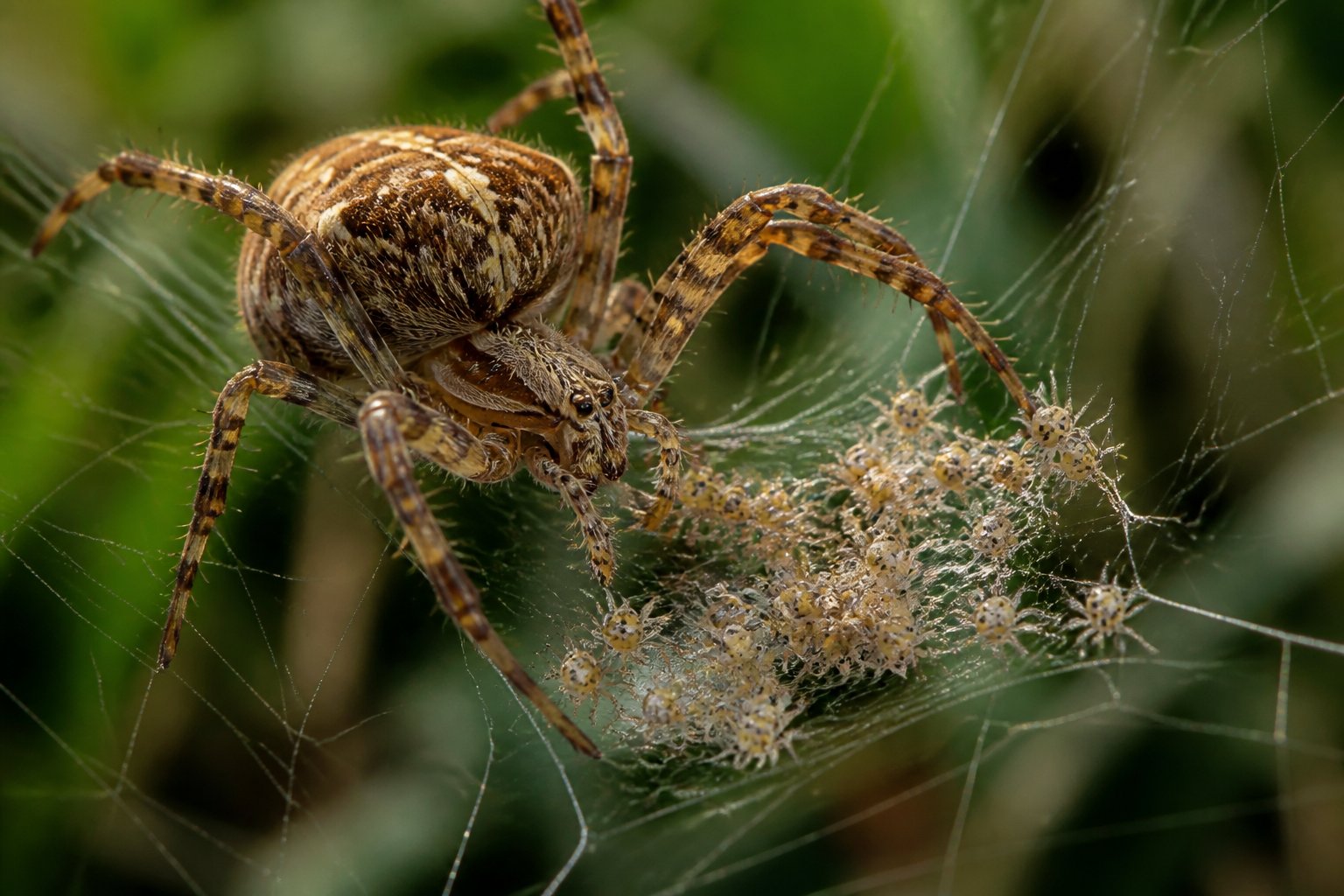 A female spider tending to her spiderlings on a web in a natural outdoor setting.