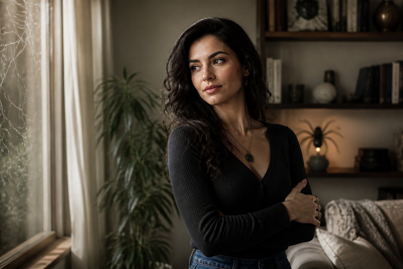 A young woman standing thoughtfully in a softly lit modern living room with subtle spider web decorations in the background.