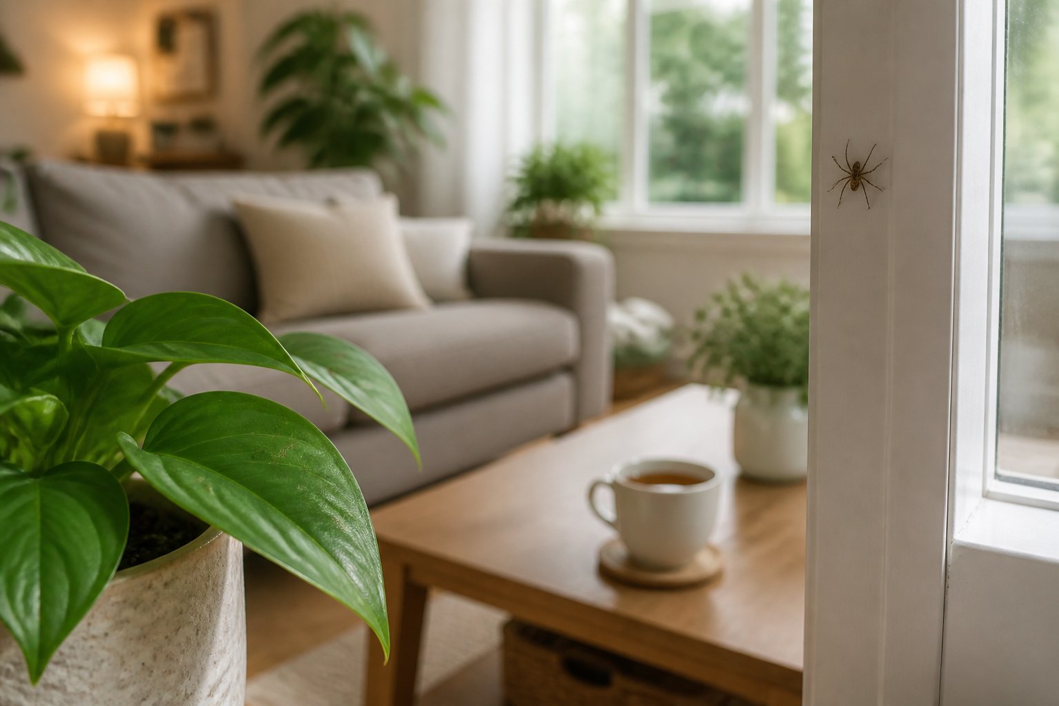 A living room with a small spider on a houseplant leaf and another spider on a window frame.