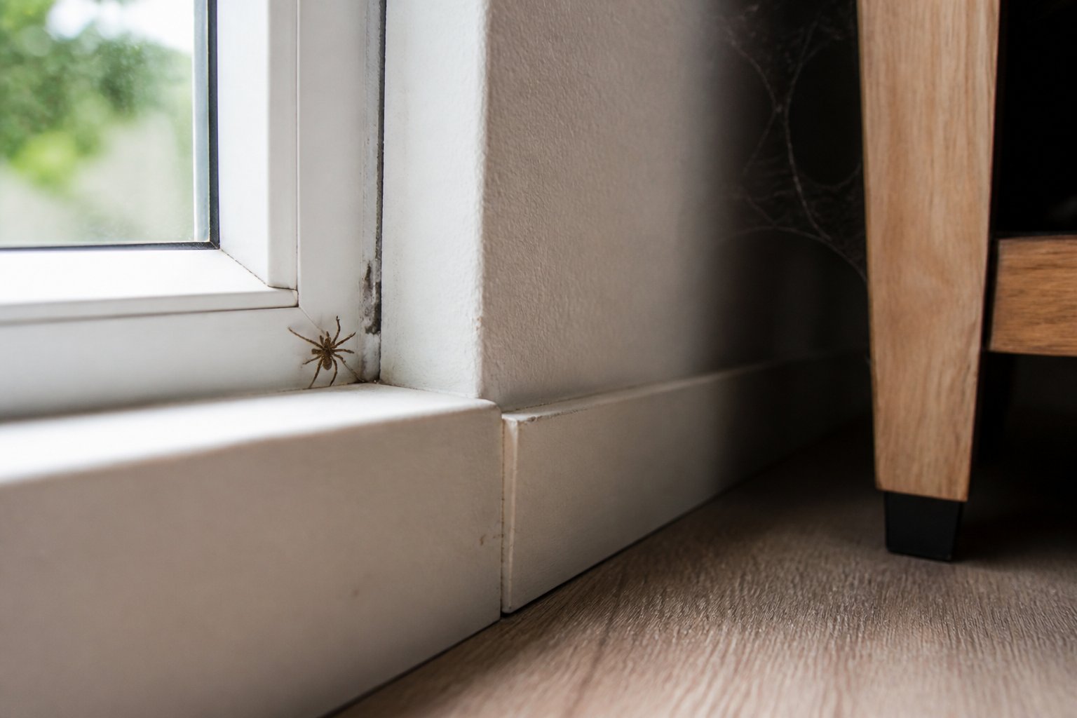 Close-up of a small spider near a window frame gap inside a home, with cobwebs in corners and behind furniture.