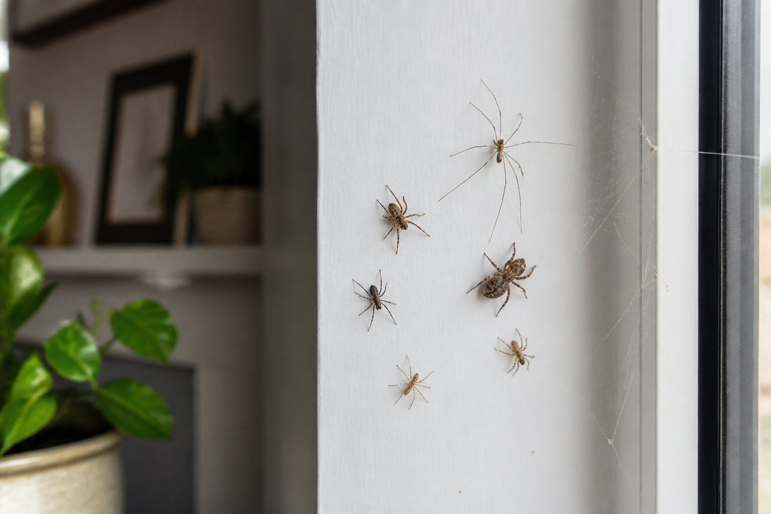 Close-up of common house spiders and their webs in a corner of a home near a window with indoor plants in the background.