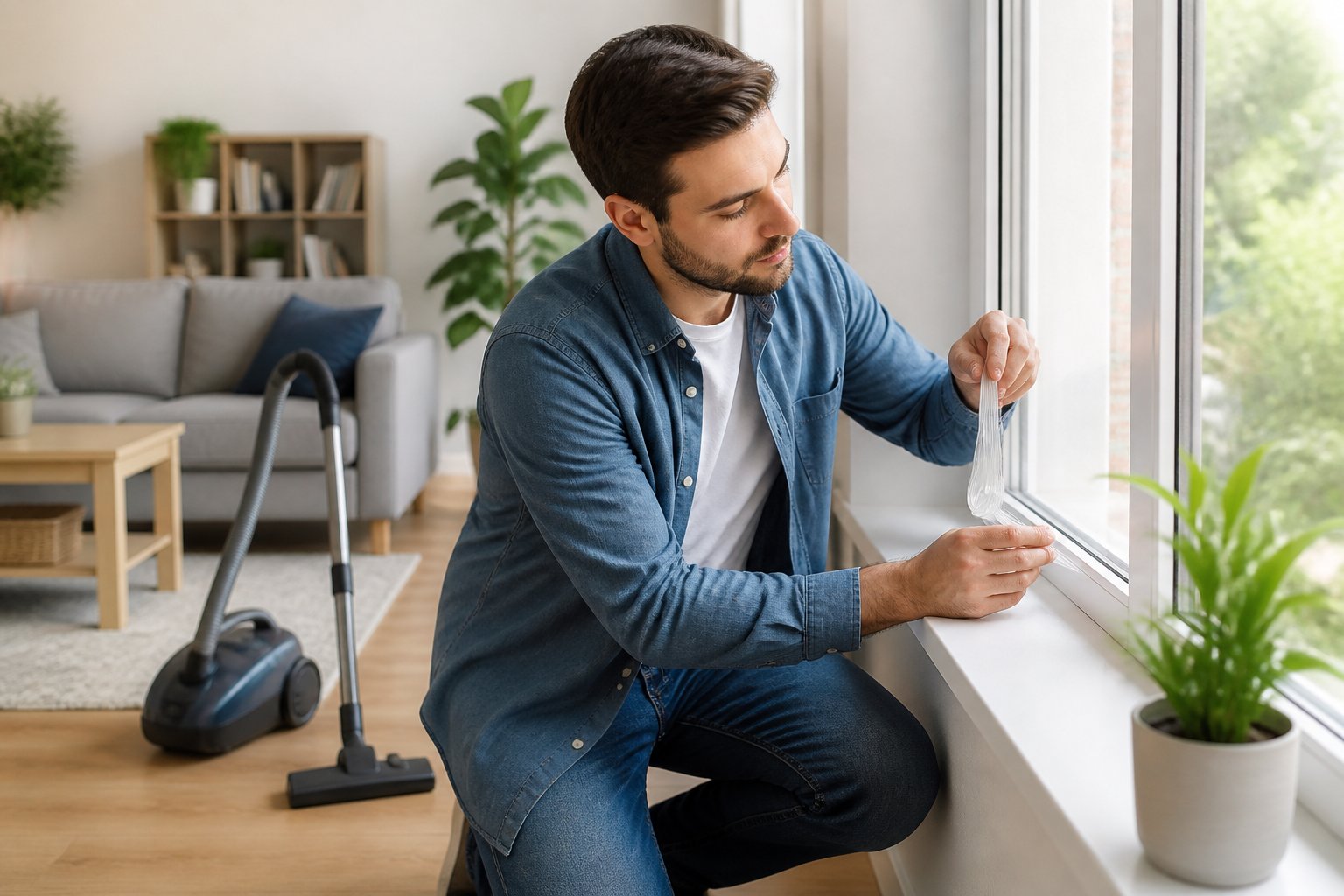 Person sealing a window in a clean living room to prevent spiders from entering the house.