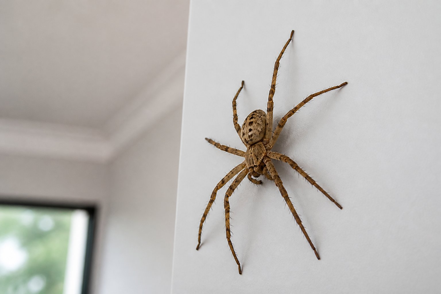 A close-up of a spider climbing a smooth vertical surface indoors with a ceiling visible above.