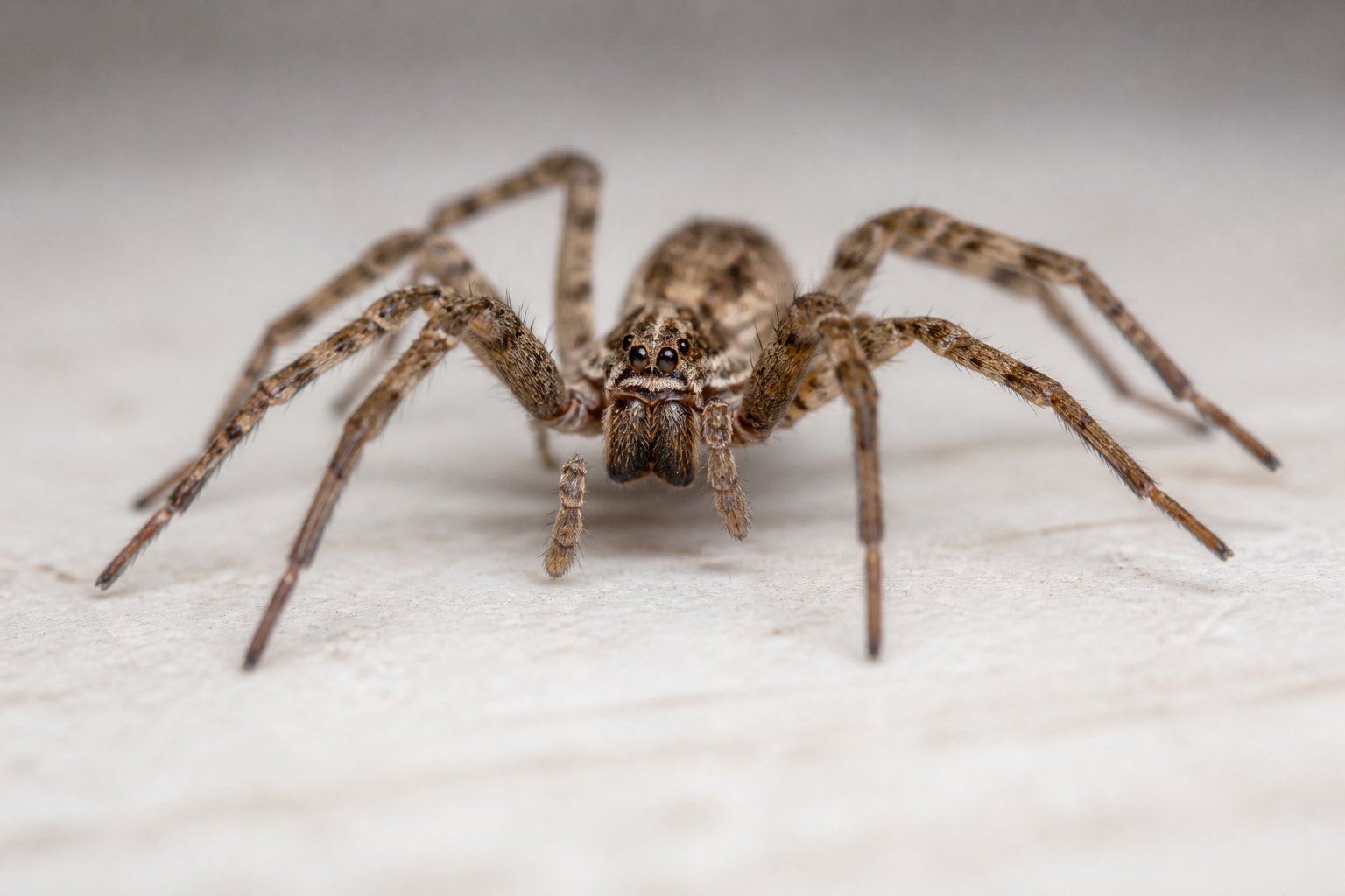 A close-up of a house spider running on a light surface with its legs in motion.