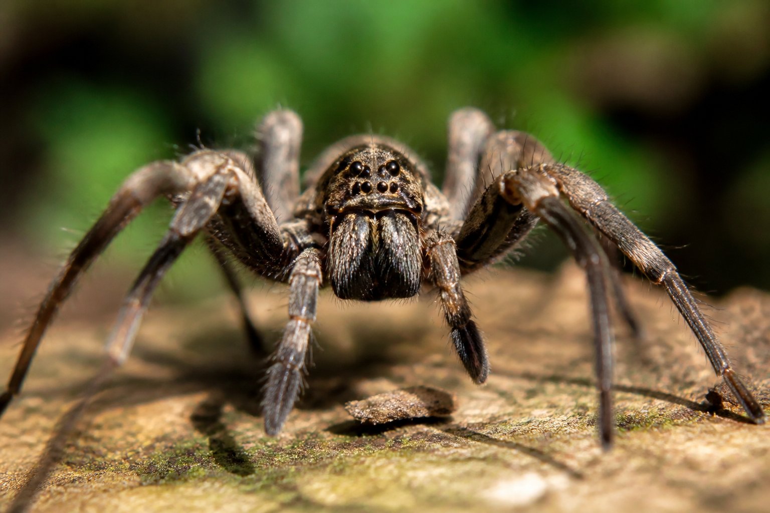 Close-up of a spider running quickly on a natural surface with a blurred background.