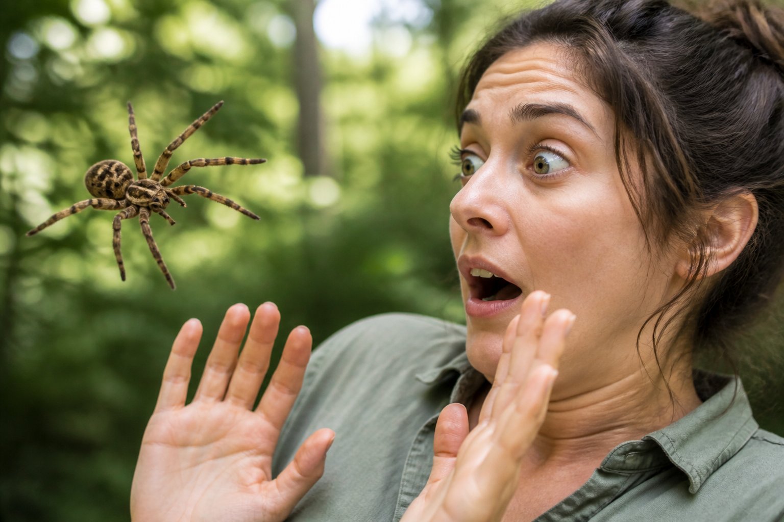 A person outdoors reacting with surprise as a spider moves toward them.