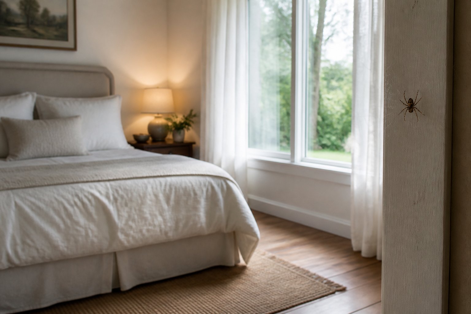 A bedroom with a bed, nightstand, and window, showing a small spider on a web in the corner of the room.