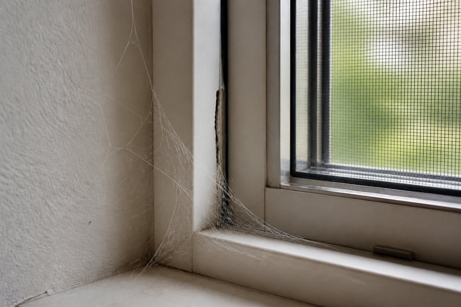 Close-up of a window corner with a spider web, a small crack in the frame, and a mesh screen showing possible entry points for spiders inside a room.