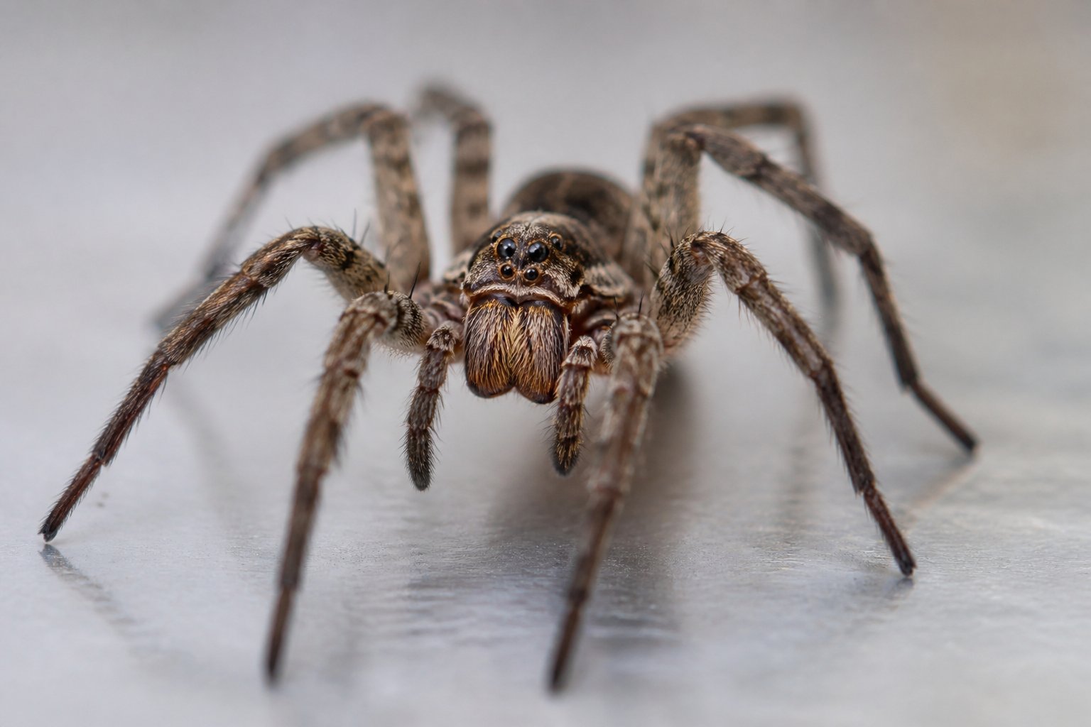 Close-up of a spider running quickly on a smooth surface towards the viewer.