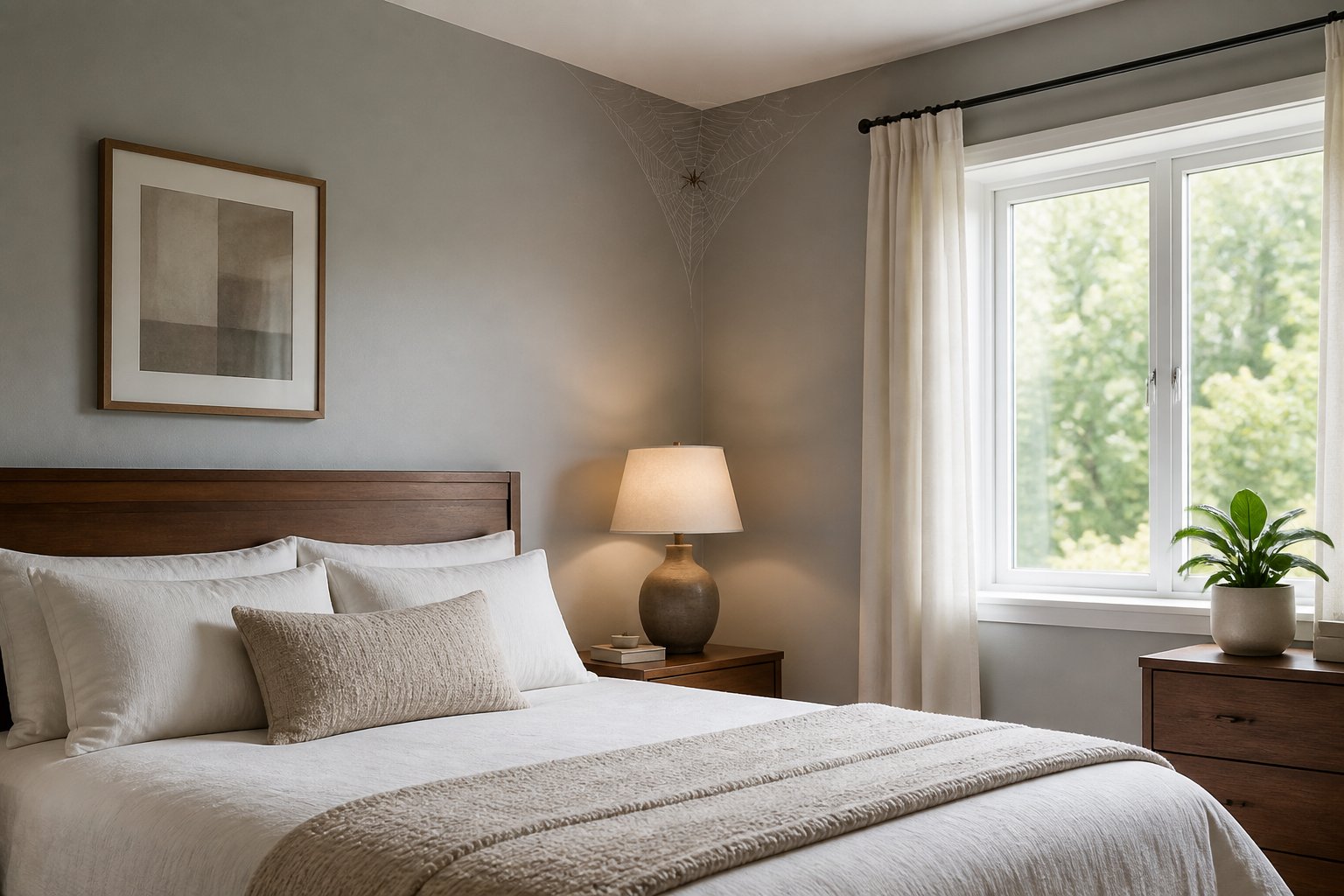 A clean bedroom with a bed, nightstand, and a spider web with a small spider in the corner near the ceiling.