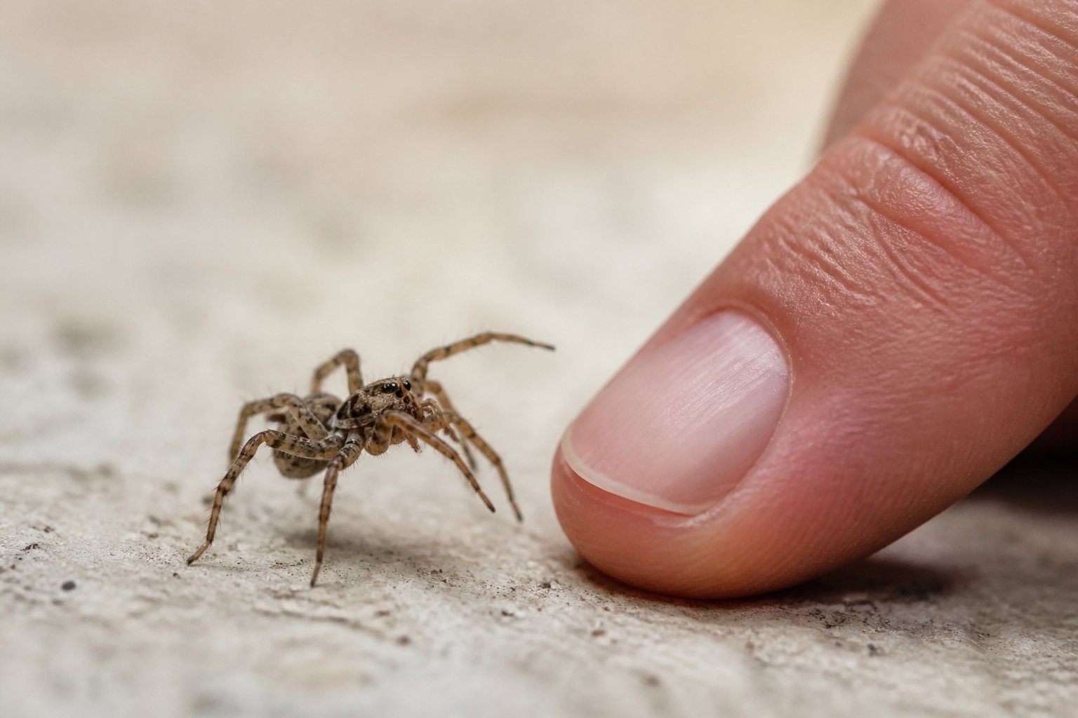 A small spider crawling towards a person's hand against a blurred background.