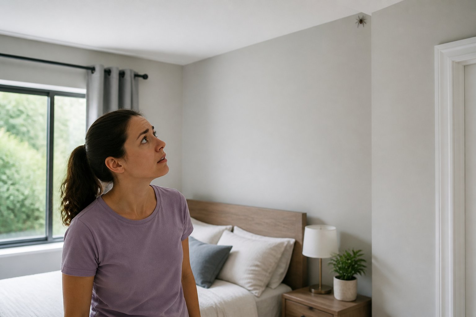A person looking concerned while inspecting a small spider on the wall in a clean, modern bedroom.