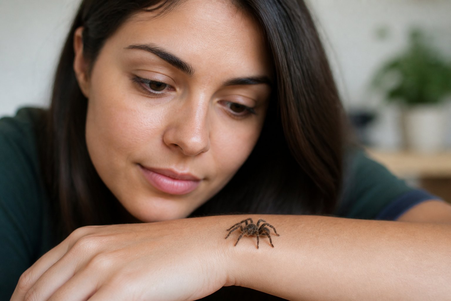 A person calmly looking at a small spider on their hand indoors.