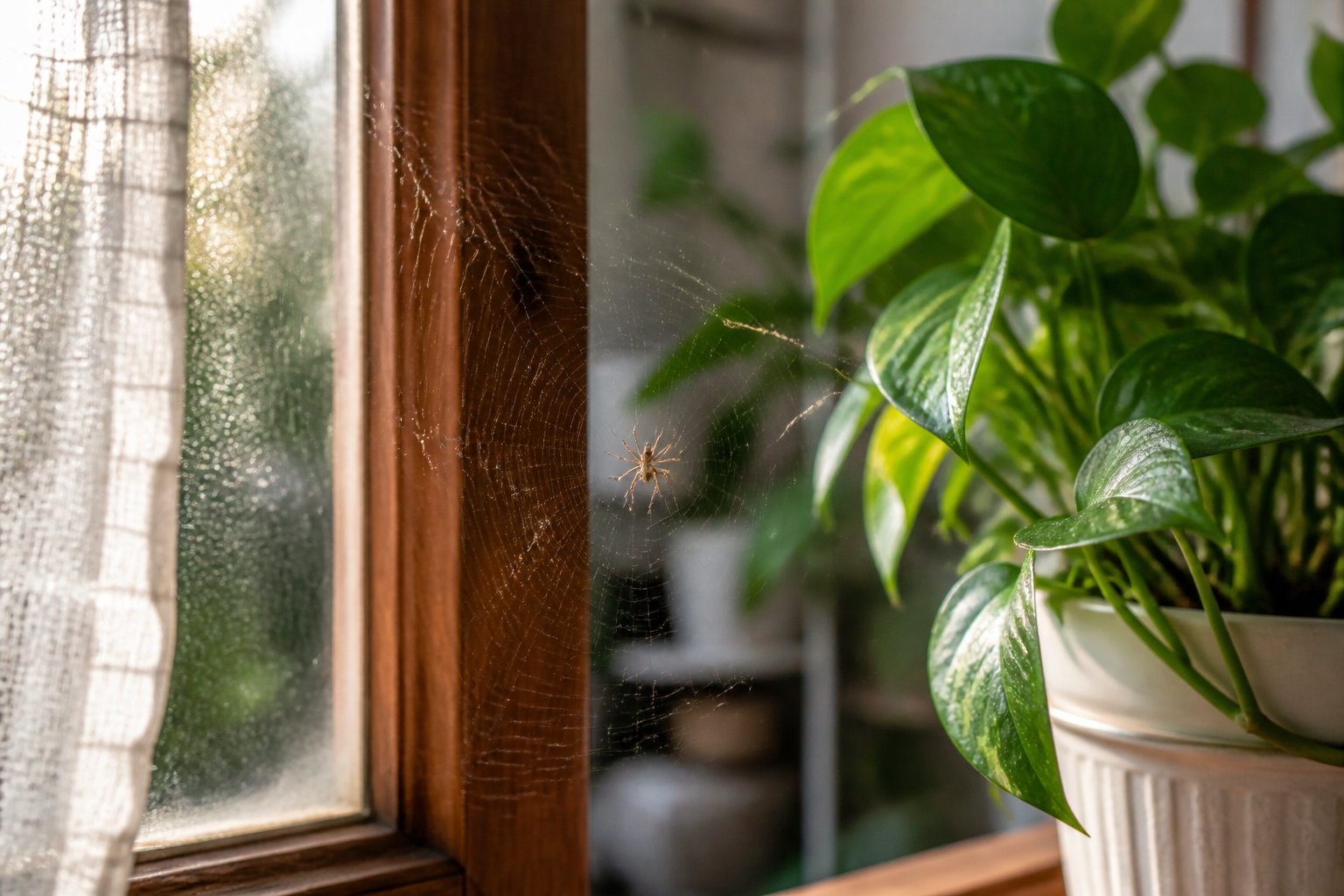 A small spider on its web near a window with a potted plant and soft natural light.