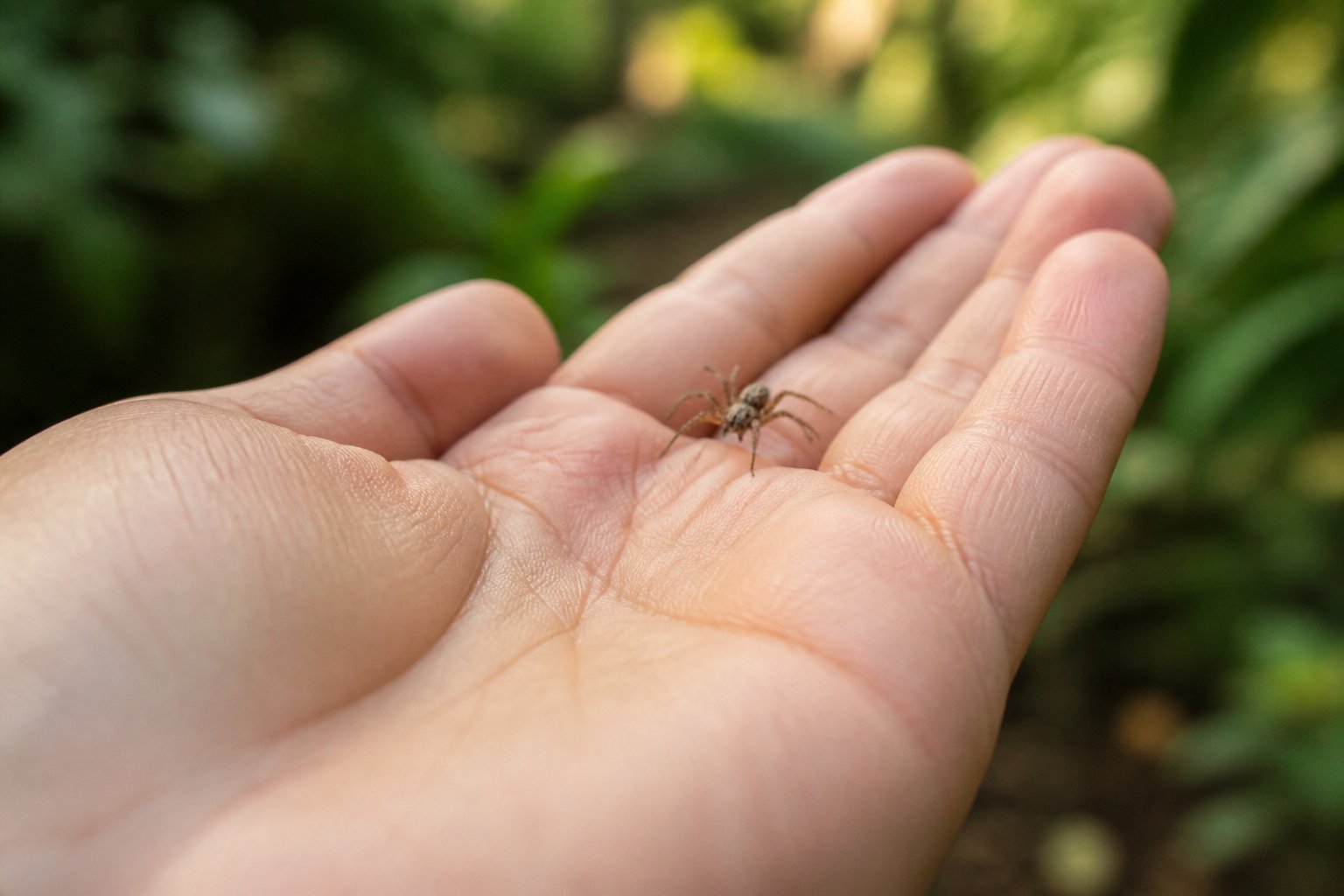 A close-up of a small spider landing gently on an open human hand with a blurred natural background.