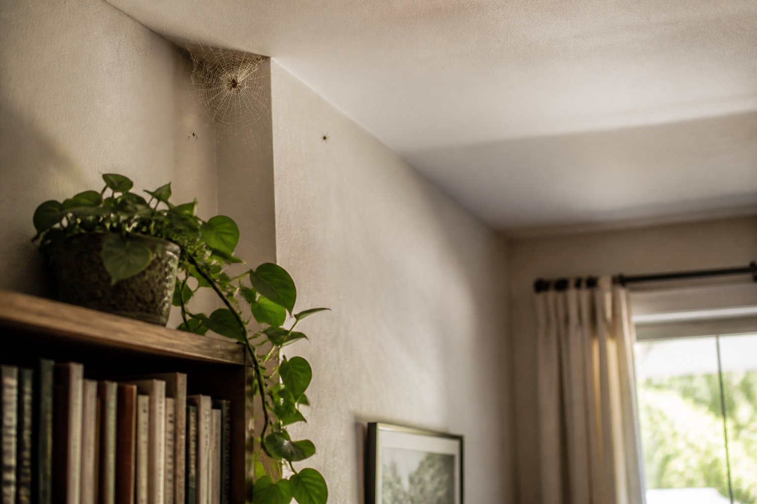 A corner of a living room with a spider web in the wall and ceiling corner, small spiders on the web, and household items like a plant and bookshelf nearby.