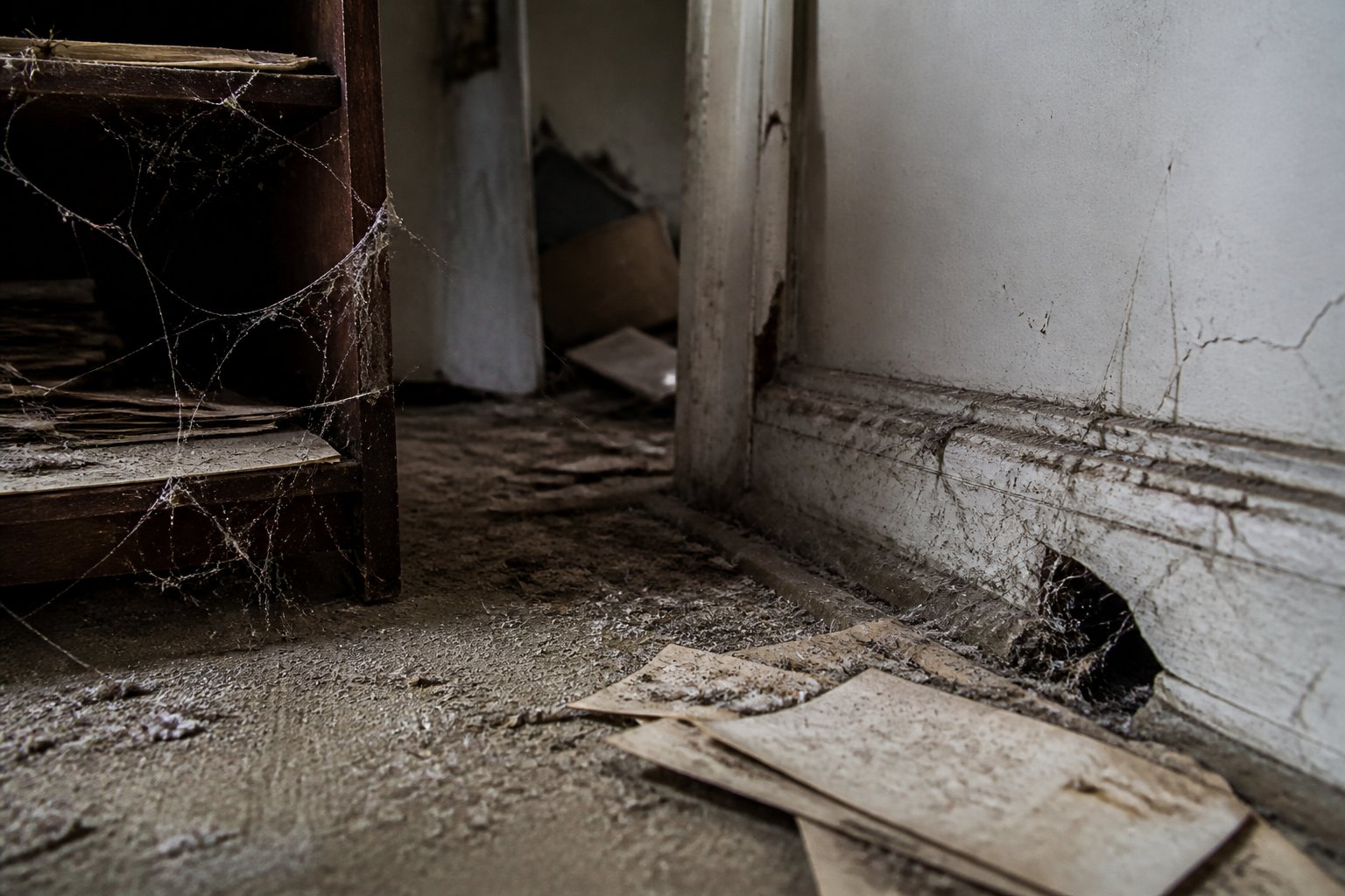 A cluttered, dusty indoor corner with cobwebs and small spiders in the shadows.