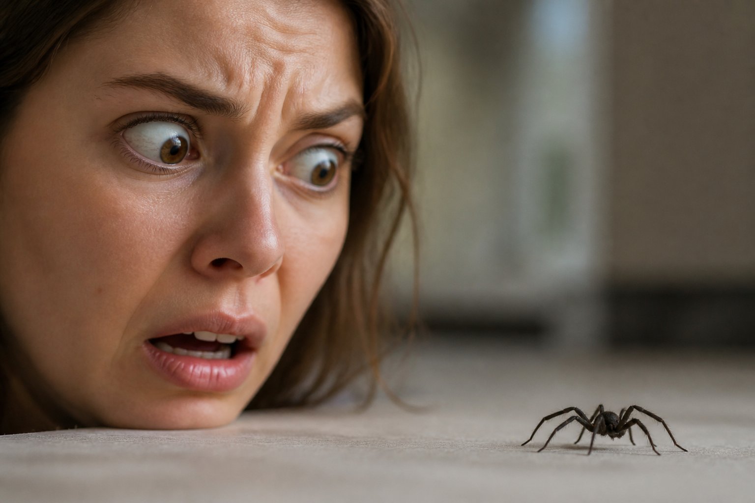 Close-up of a person with a fearful expression looking at a spider nearby.