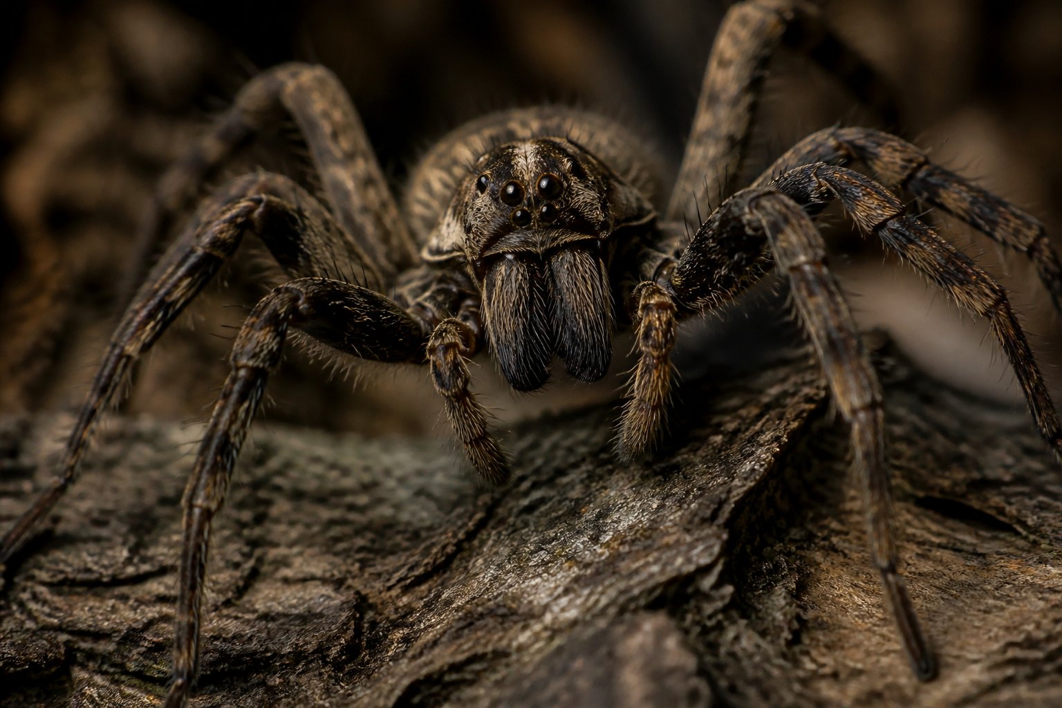 Close-up of a large spider on a natural surface with detailed legs and eyes.