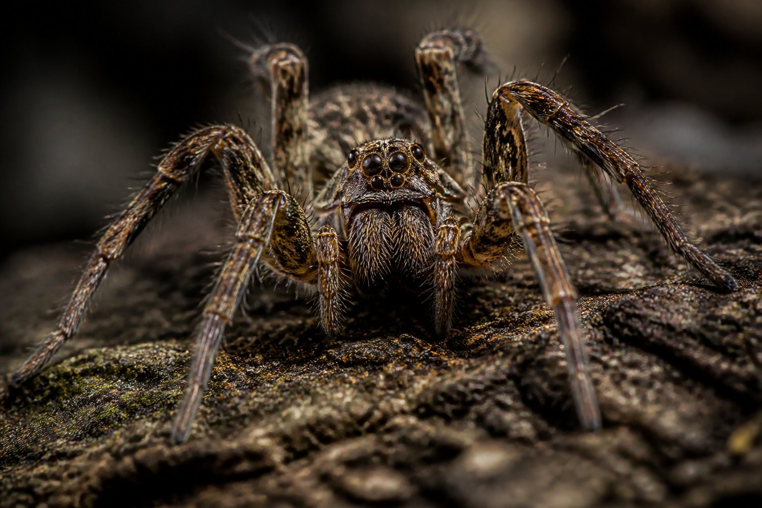 Close-up of a large spider on a natural surface with a blurred background.